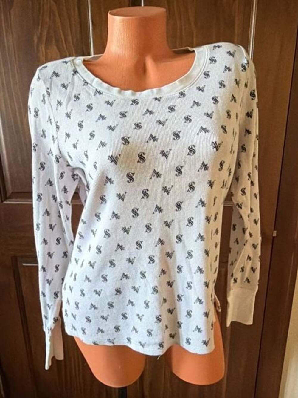 Victoria's Secret Thermal Waffle Knit Long Sleeve Top with All-Over VS Logo